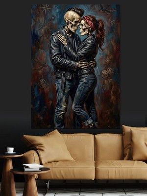 Karizma Tablo Sarılan Iskelet Çift Rock Tarzı Dekoratif Kanvas - Mdf Ahşap Tablo