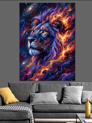 Karizma Tablo Kozmik Enerjili Mor Aslan Portresi Dekoratif Kanvas - Mdf Ahşap Tablo