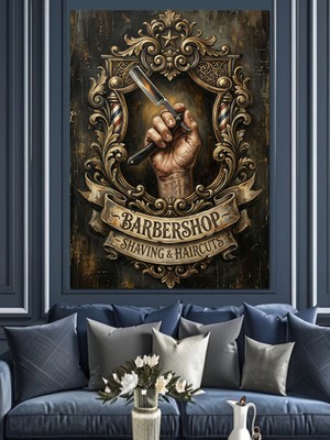 Karizma Tablo Berber Temalı El ve Ustura Dekoratif Kanvas - Mdf Ahşap Tablo