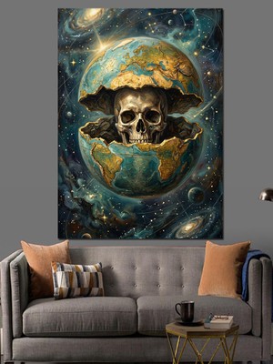 Karizma Tablo Yumurtadan Çıkan Dünya ve Kafatası Dekoratif Kanvas - Mdf Ahşap Tablo