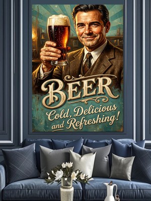 Karizma Tablo Beer Cold Delicious Retro Reklam Dekoratif Kanvas - Mdf Ahşap Tablo