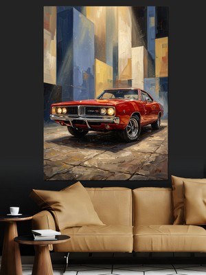 Karizma Tablo Modern Şehirde Kırmızı Spor Araba Dekoratif Kanvas - Mdf Ahşap Tablo