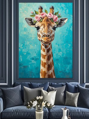 Tablomega Başında Çiçekli Taç Olan Zürafa Dekoratif Kanvas - Mdf Ahşap Tablo