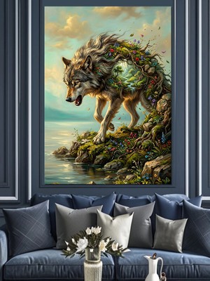 Karizma Tablo Bitkilerle Kaplanmış Vahşi Kurt Portresi Dekoratif Kanvas - Mdf Ahşap Tablo