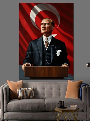 Karizma Tablo Kürsüde Konuşan Asil Atatürk Portresi Dekoratif Kanvas - Mdf Ahşap Tablo