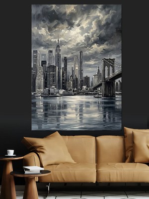 Tablomega Siyah Beyaz New York Manzarası Dekoratif Kanvas - Mdf Ahşap Tablo