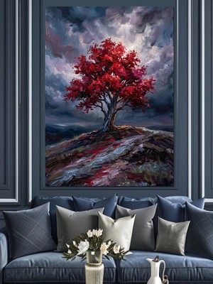 Karizma Tablo Fırtınalı Gökyüzünde Kırmızı Ağaç Dekoratif Kanvas - Mdf Ahşap Tablo