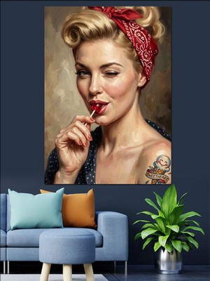 Karizma Tablo Lolipoplu ve Bandanalı Retro Kadın Dekoratif Kanvas - Mdf Ahşap Tablo