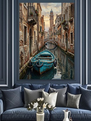 Karizma Tablo Venedik Kanallarında Mavi Kayık Tablosu Dekoratif Kanvas - Mdf Ahşap Tablo
