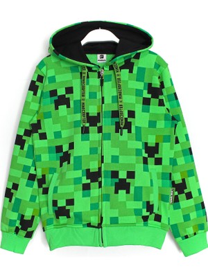 Minecraft Creeper Desenli Fermuarlı Unisex Çocuk Ceket Zip Minecraft 360 Derece Baskılı Hırka Yeşil 001-0001806