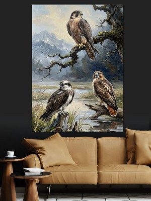 Karizma Tablo Kayalıkta Duran Üç Şahin Dekoratif Kanvas - Mdf Ahşap Tablo