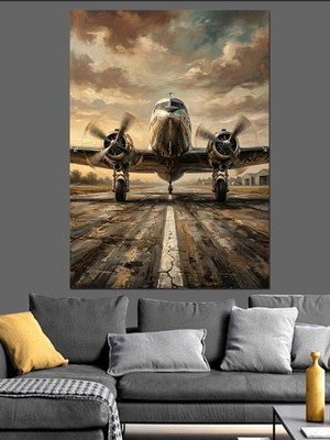 Tablomega Pistte Ilerleyen Klasik Pervaneli Uçak Dekoratif Kanvas - Mdf Ahşap Tablo
