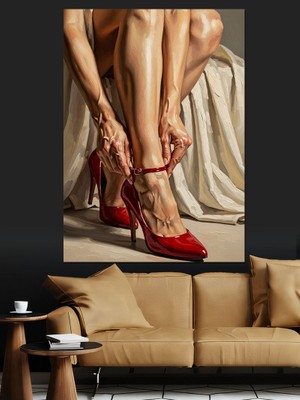 Karizma Tablo Kırmızı Ayakkabılarını Bağlayan Şık Kadın Dekoratif Kanvas - Mdf Ahşap Tablo