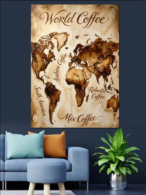 Karizma Tablo Kahve Çekirdeklerinden Dünya Haritası Dekoratif Kanvas - Mdf Ahşap Tablo