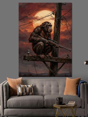 Karizma Tablo Gün Batımında Tünemiş Maymun Figürü Dekoratif Kanvas - Mdf Ahşap Tablo