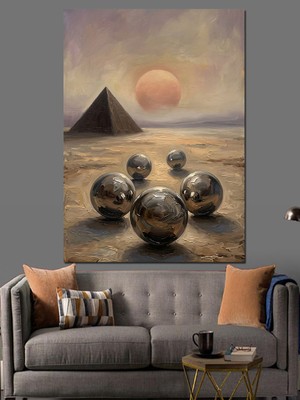 Karizma Tablo Piramitler Önünde Küresel Taşlar Tablo Dekoratif Kanvas - Mdf Ahşap Tablo
