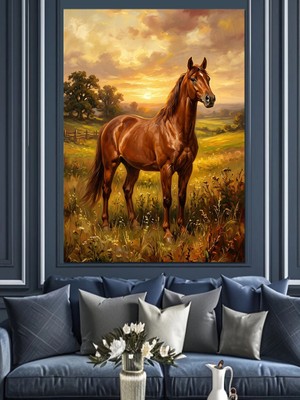 Tablomega Gün Batımında Çayırda Duran At Dekoratif Kanvas - Mdf Ahşap Tablo