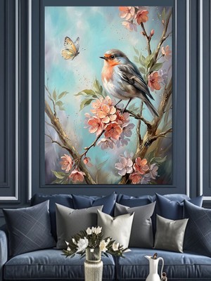 Tablomega Çiçekli Dalda Duran Renkli Kuş Dekoratif Kanvas - Mdf Ahşap Tablo