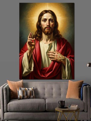 Tablomega Kırmızı Elbiseli Kutsal Isa Portresi Dekoratif Kanvas - Mdf Ahşap Tablo
