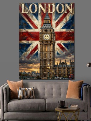 Karizma Tablo Ingiliz Bayrağı ve Big Ben Dekoratif Kanvas - Mdf Ahşap Tablo
