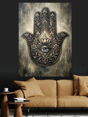 Karizma Tablo Işlemeli ve Mistik Hamsa Eli Dekoratif Kanvas - Mdf Ahşap Tablo