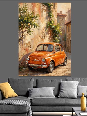 Karizma Tablo Kasaba Sokağında Klasik Turuncu Araba Dekoratif Kanvas - Mdf Ahşap Tablo
