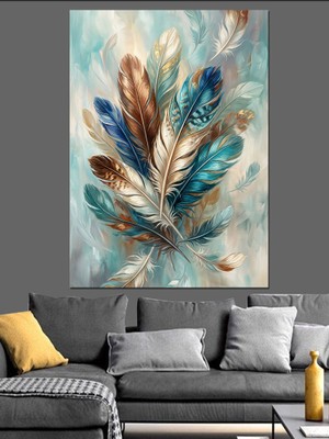 Karizma Tablo Rengarenk Kuş Tüyleri Sanatsal Tasarım Dekoratif Kanvas - Mdf Ahşap Tablo