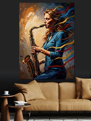 Karizma Tablo Mavi Elbiseli Saksafoncu Kadın Dekoratif Kanvas - Mdf Ahşap Tablo