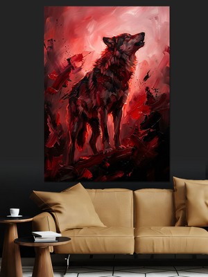 Tablomega Kırmızı Gökyüzünde Uluyan Kurt Silüeti Dekoratif Kanvas - Mdf Ahşap Tablo