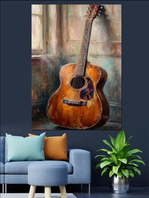 Karizma Tablo Yağlı Boya Tarzında Klasik Gitar Dekoratif Kanvas - Mdf Ahşap Tablo