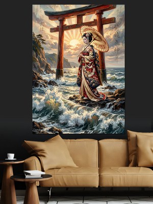 Karizma Tablo Geleneksel Kıyafetli Japon Kadını Kıyıda Dekoratif Kanvas - Mdf Ahşap Tablo