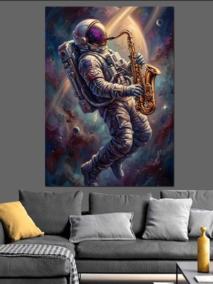 Karizma Tablo Uzayda Saksafon Çalan Astronot Figürü Dekoratif Kanvas - Mdf Ahşap Tablo