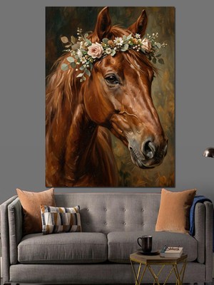 Karizma Tablo Çiçekli Taç Takmış Kahverengi At Dekoratif Kanvas - Mdf Ahşap Tablo