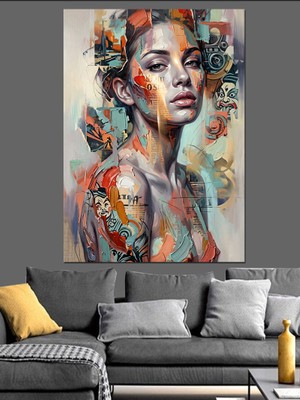 Tablomega Çiçekli ve Boyalı Sanatsal Kadın Dekoratif Kanvas - Mdf Ahşap Tablo