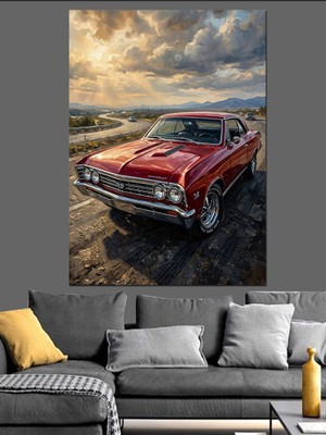 Karizma Tablo Yolda Ilerleyen Kırmızı Klasik Araba Dekoratif Kanvas - Mdf Ahşap Tablo