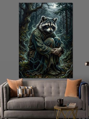 Karizma Tablo Ormanda Pelerinli Mistik Rakun Portresi Dekoratif Kanvas - Mdf Ahşap Tablo