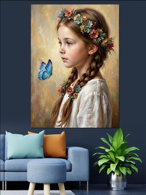Tablomega Çiçek Taçlı Küçük Kız Portresi Dekoratif Kanvas - Mdf Ahşap Tablo
