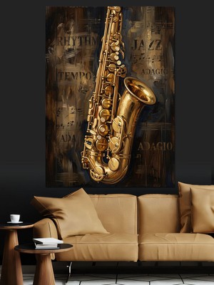 Karizma Tablo Duvara Yaslanmış Altın Rengi Saksafon Dekoratif Kanvas - Mdf Ahşap Tablo