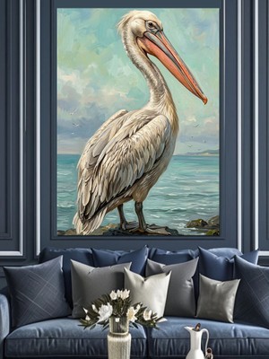 Karizma Tablo Deniz Kenarında Duran Büyük Pelikan Dekoratif Kanvas - Mdf Ahşap Tablo