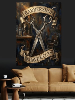 Karizma Tablo Barbershop Makas ve Ustura Panosu Dekoratif Kanvas - Mdf Ahşap Tablo