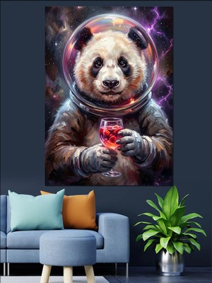 Karizma Tablo Uzay Kasklı ve Şaraplı Panda Dekoratif Kanvas - Mdf Ahşap Tablo