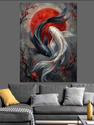 Karizma Tablo Su Içinde Kırmızı Ay ve Balıklar Dekoratif Kanvas - Mdf Ahşap Tablo