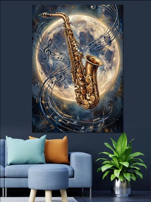 Karizma Tablo Dolunay Önünde Altın Saksafon Dekoratif Kanvas - Mdf Ahşap Tablo