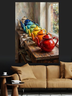 Tablomega Pencere Önünde Renkli Çaydanlık Seti Dekoratif Kanvas - Mdf Ahşap Tablo