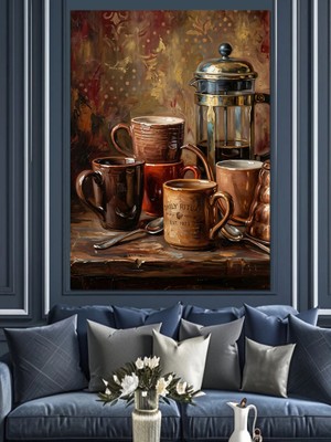 Karizma Tablo Kahve Seti ve French Press Dekoratif Kanvas - Mdf Ahşap Tablo