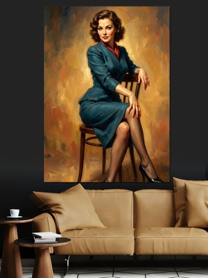 Karizma Tablo Mavi Elbiseli Zarif Retro Kadın Dekoratif Kanvas - Mdf Ahşap Tablo