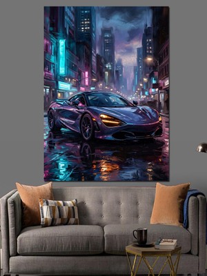 Karizma Tablo Gece Şehrinde Mor Araba Dekoratif Kanvas - Mdf Ahşap Tablo