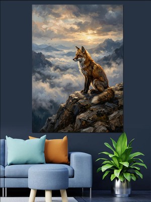 Karizma Tablo Sisli Kayalıkta Oturan Tilki Dekoratif Kanvas - Mdf Ahşap Tablo