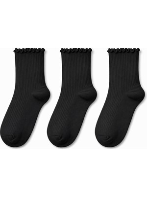 QUALITY WALKING 3'lü Dikişsiz Pamuk Fırfırlı Kadın Çorap Ipeksi Yumuşaklık Zarif ve Şık