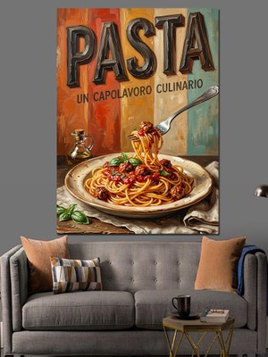 Karizma Tablo Makarna ve Çatala Dolanmış Spaghetti Dekoratif Kanvas - Mdf Ahşap Tablo